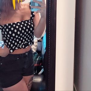 Black polka dot crop tank with tie up sleeves